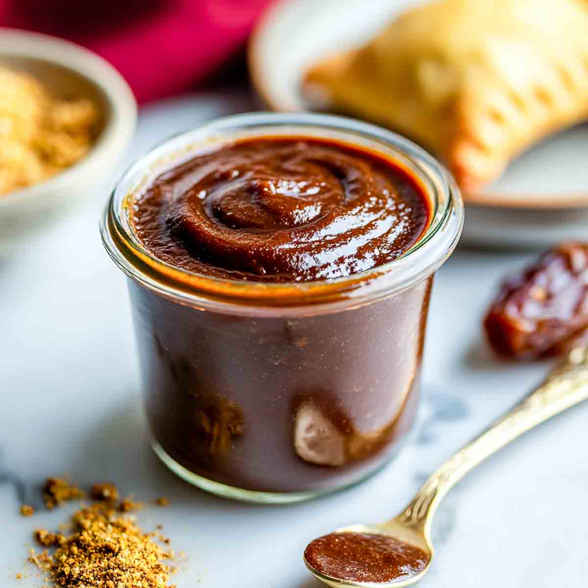 Smooth and glossy date tamarind chutney is served in a small glass jar with a samosa and whole date nearby.