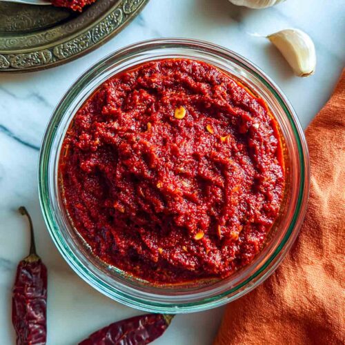 A close-up view of bright red garlic chutney in a clear glass bowl highlights its thick, textured consistency with visible chili flakes and bits of garlic on a white marble background.