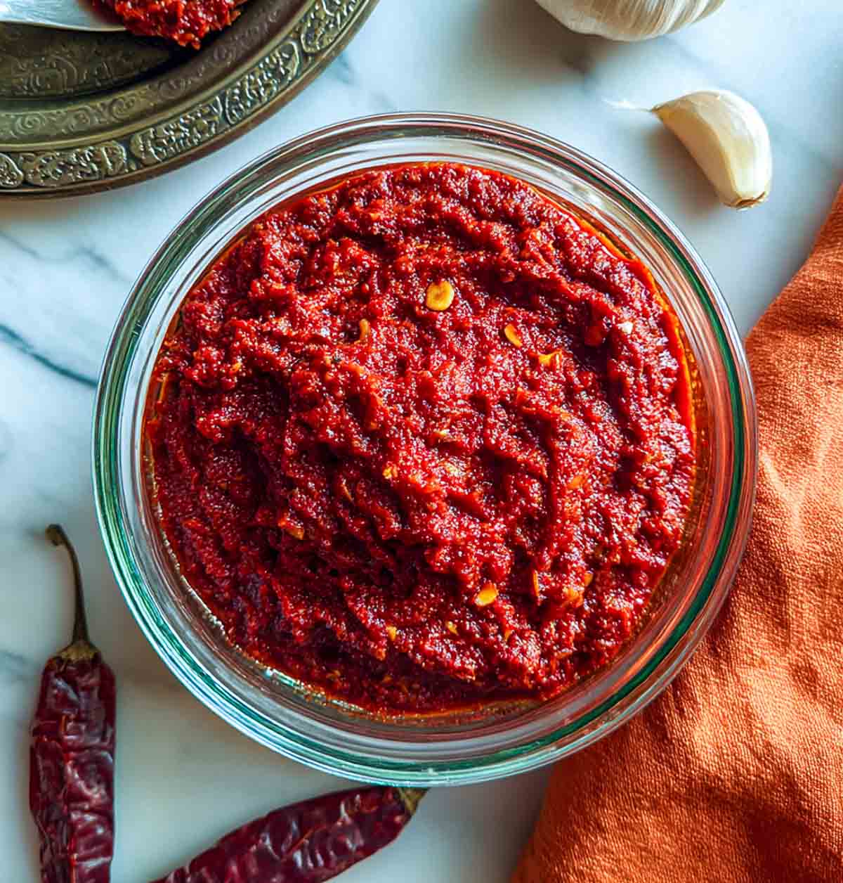 A close-up view of bright red garlic chutney in a clear glass bowl highlights its thick, textured consistency with visible chili flakes and bits of garlic on a white marble background.