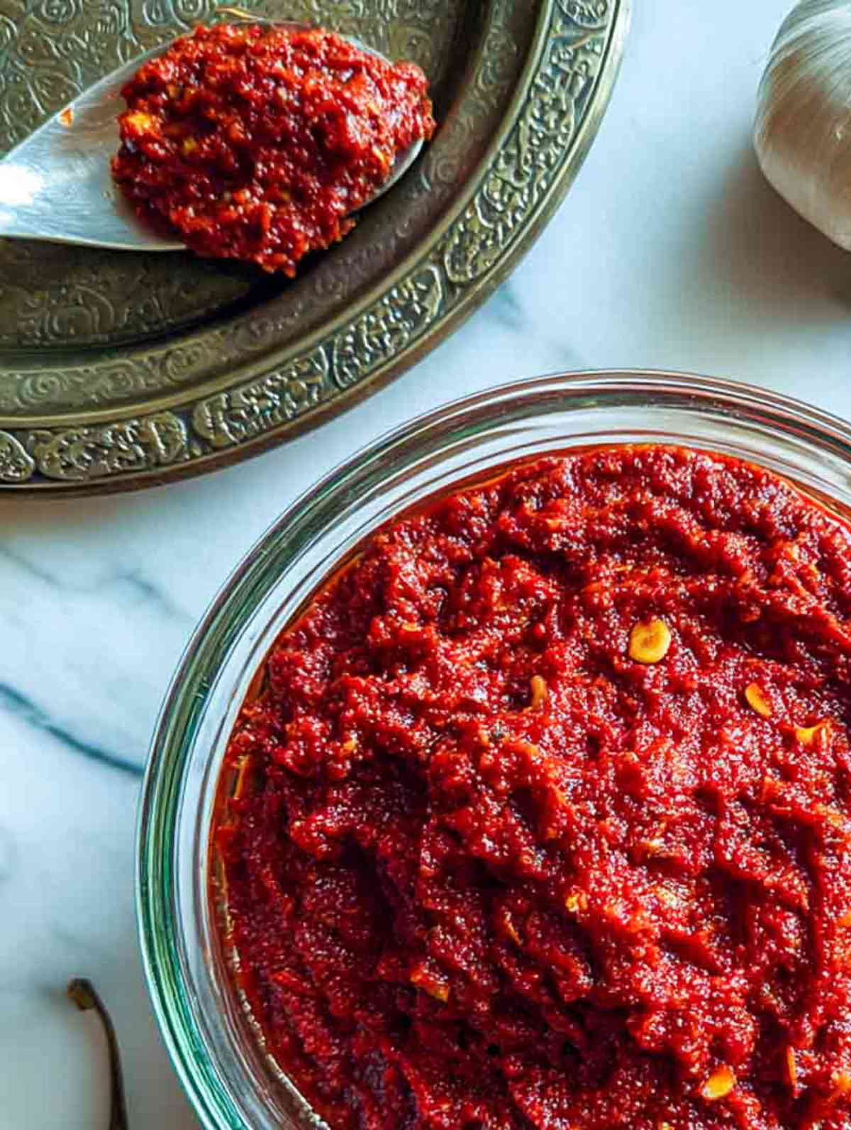 A spoonful of deep red garlic chutney rests on an ornate brass plate beside a glass bowl of the chutney, with dried red chilies and fresh garlic placed nearby on a white marble surface.
