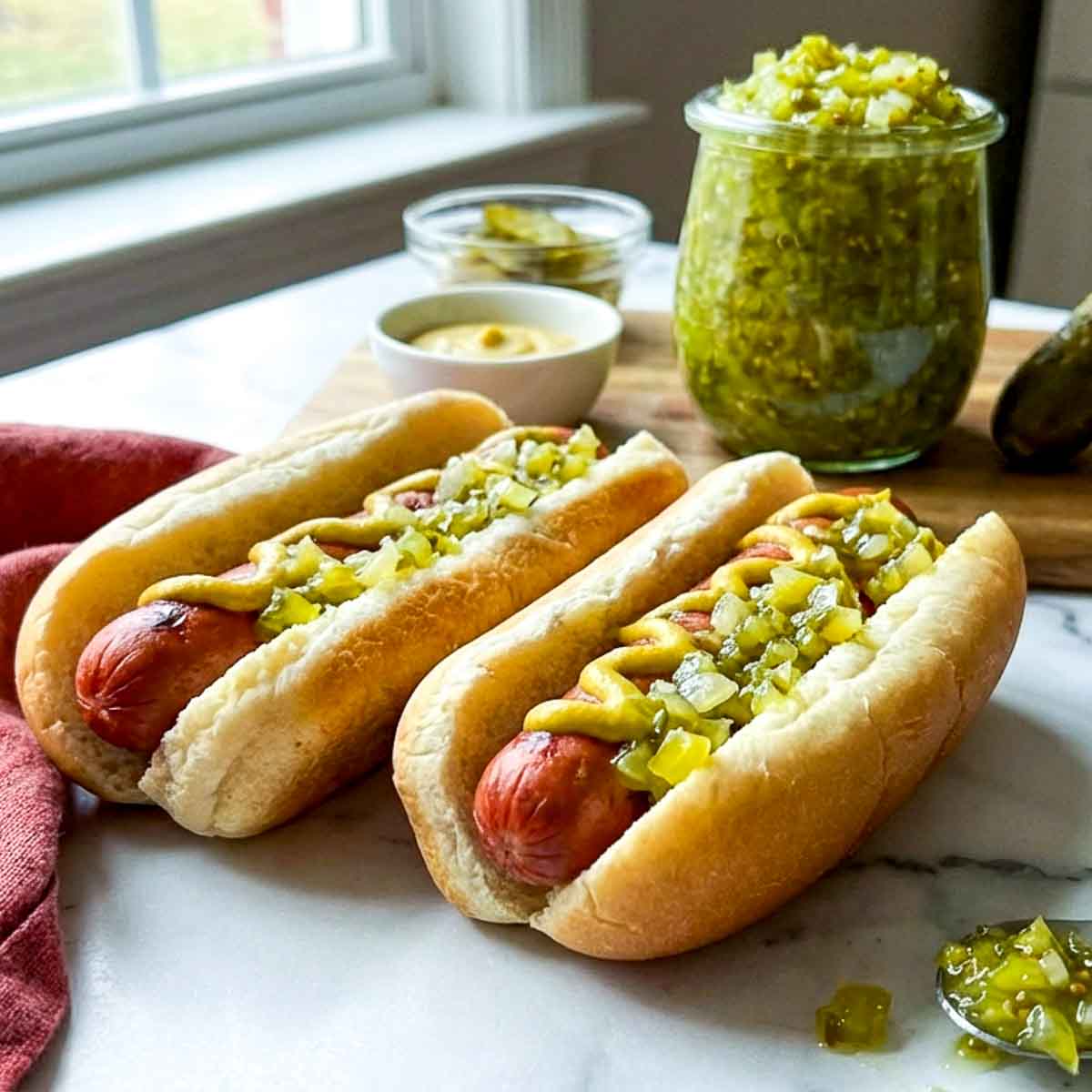 Two hot dogs topped with mustard and homemade relish are arranged on a marble surface with a jar of relish behind them.