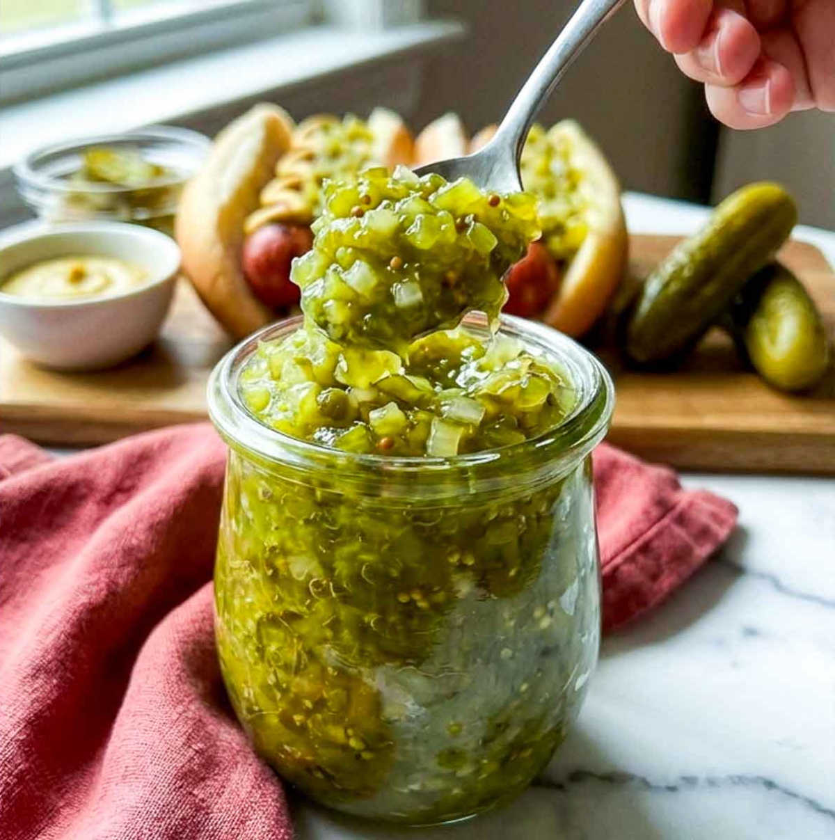A spoonful of bright green homemade hot dog relish is lifted from a glass jar, showing its chunky texture and glossy finish.
