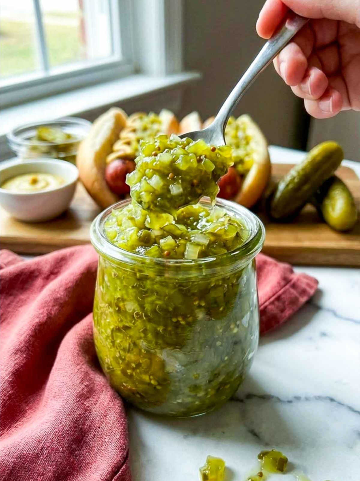 A hand lifts a spoonful of homemade hot dog relish from a jar, highlighting the diced pickles and mustard seeds.