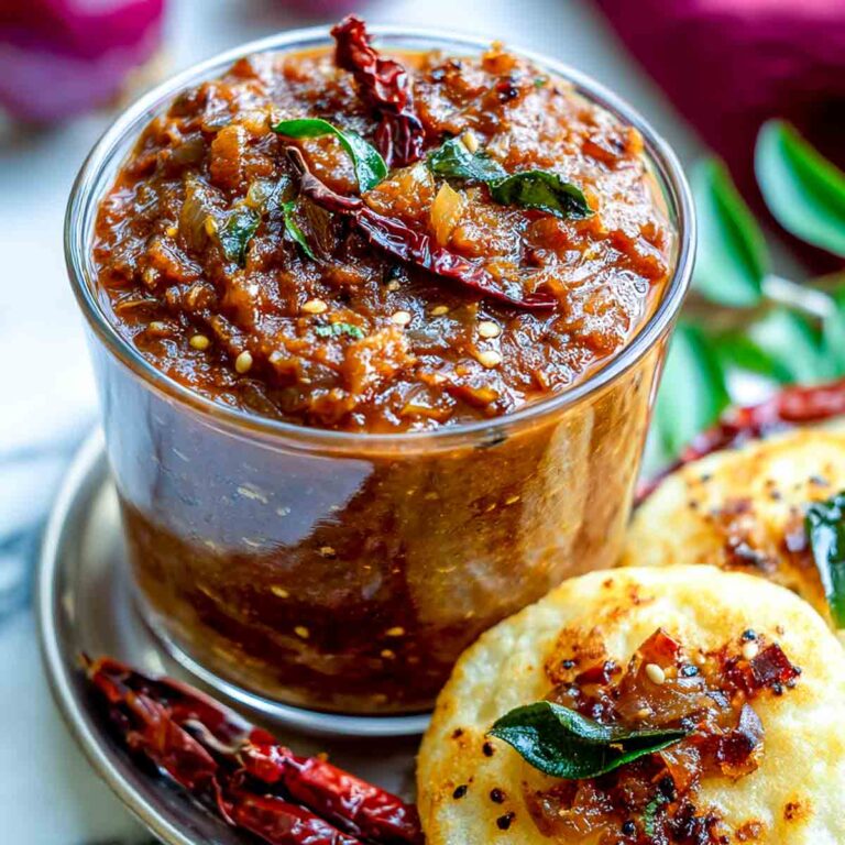 Close-up of thick red onion chutney in a glass bowl, garnished with dried red chilies, curry leaves, and mustard seeds.