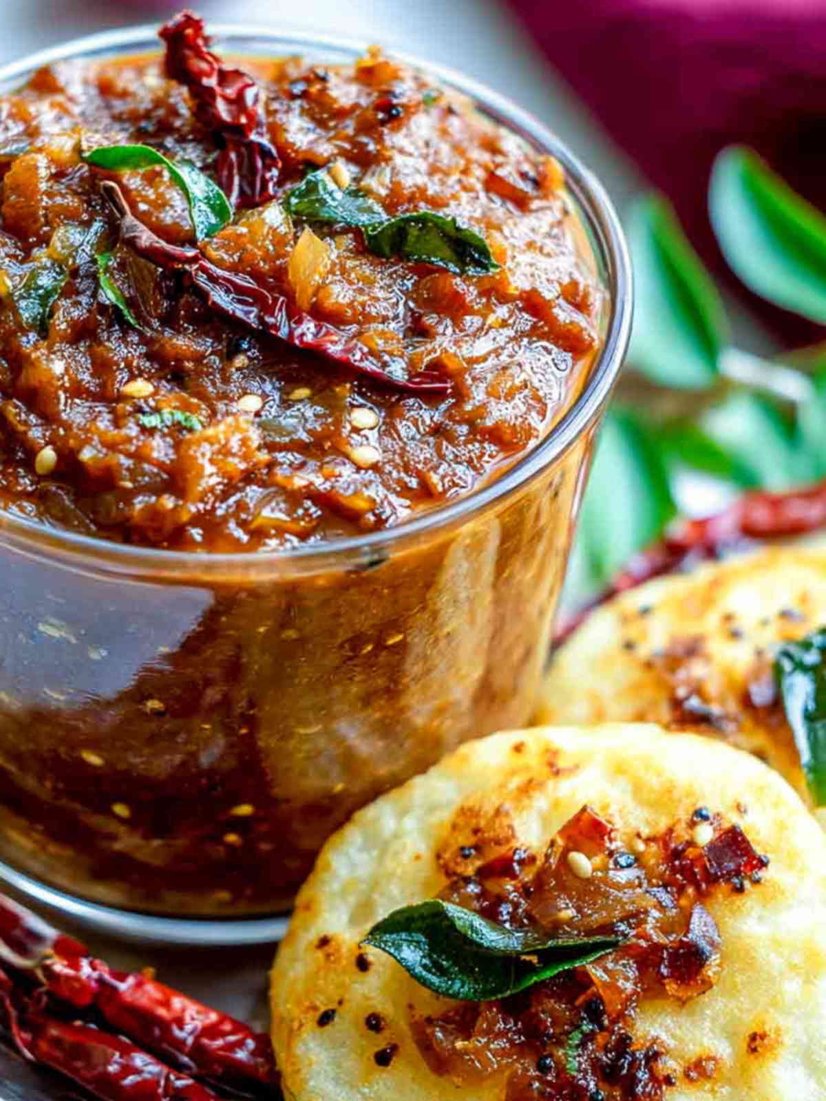 Spicy onion chutney spooned over mini idlis, tempered with mustard seeds, dried red chilies, and fresh curry leaves.