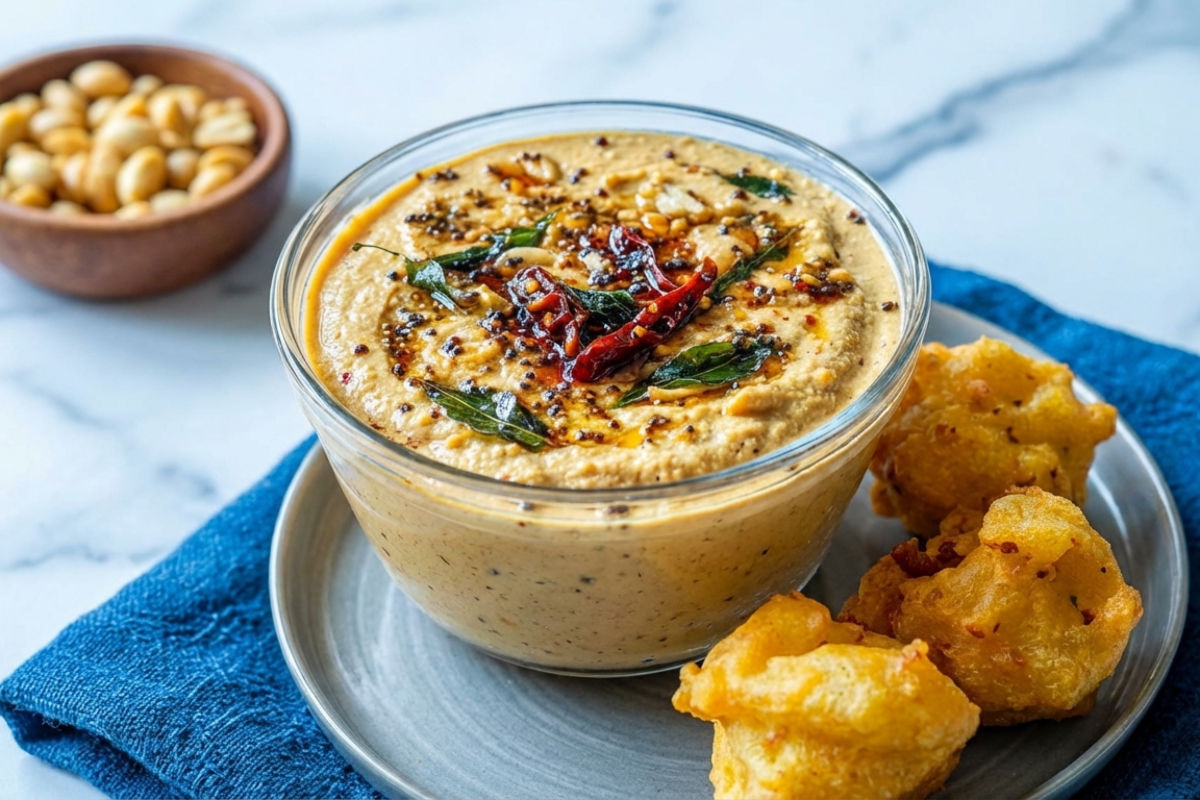 A bowl of creamy South Indian peanut chutney topped with mustard seeds, curry leaves, and dried red chilies, served with crispy fritters on a plate.