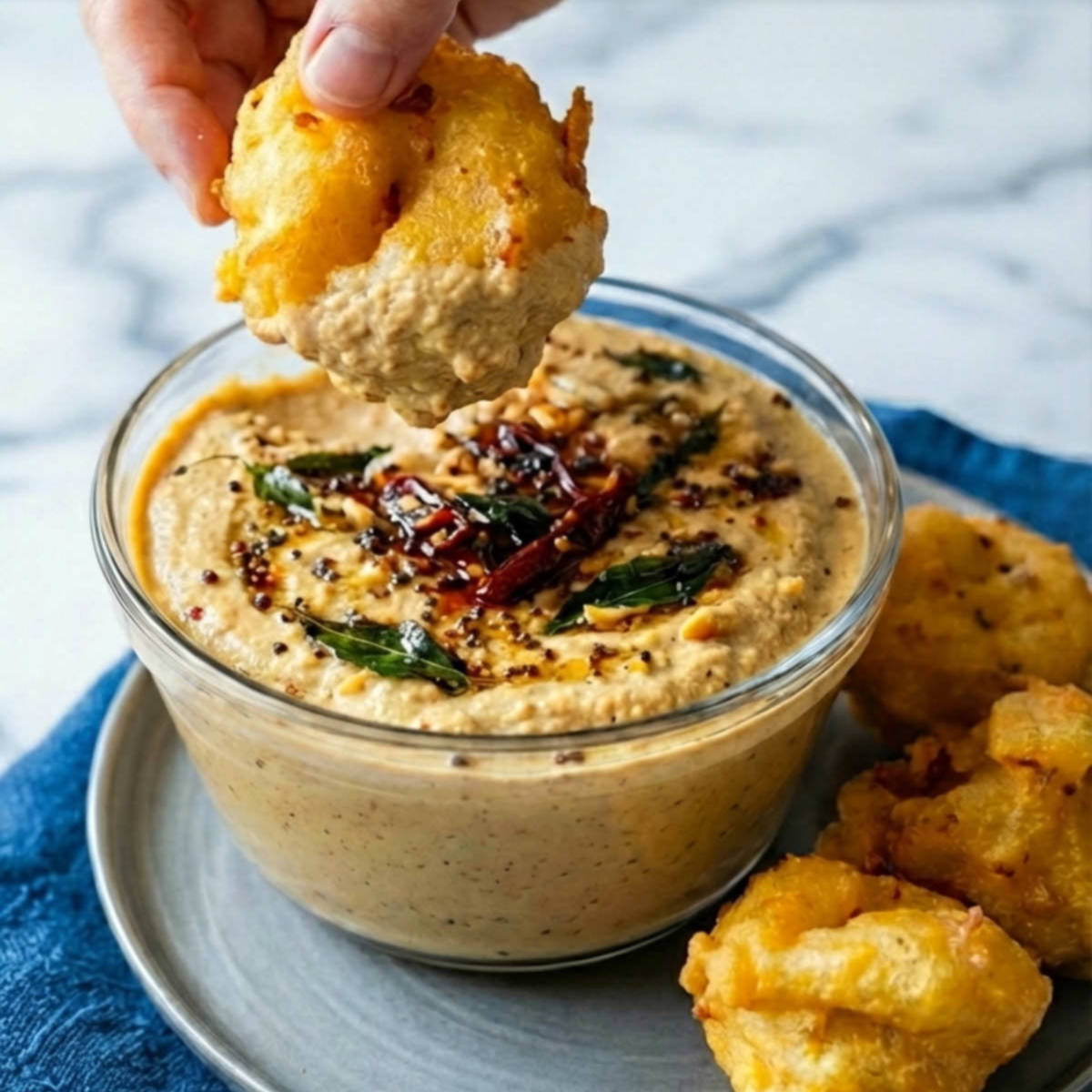 A hand dipping a crispy fritter into a bowl of homemade peanut chutney garnished with mustard seeds, curry leaves, and dried red chilies.
