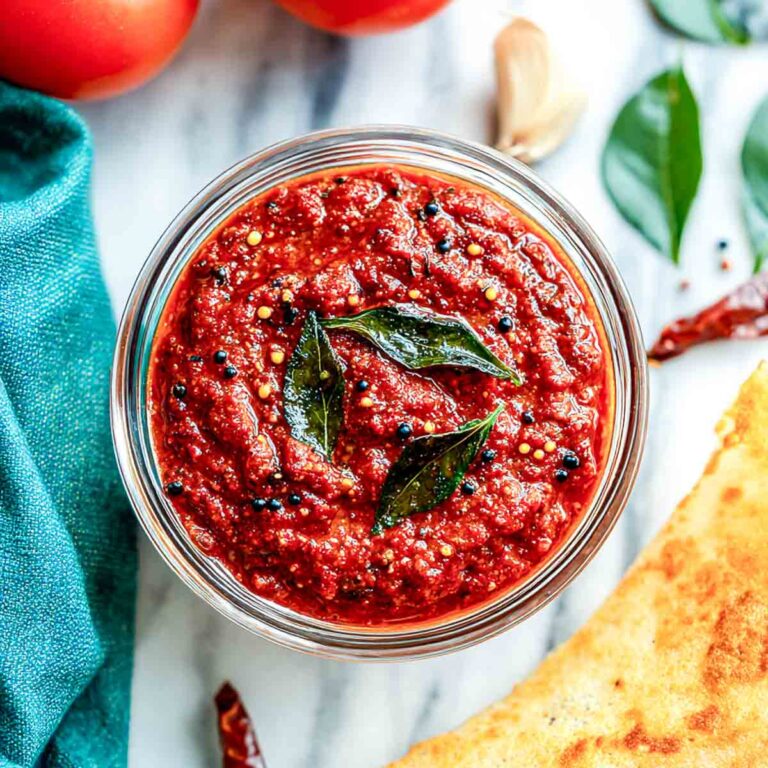 Close-up of spicy tomato chutney in a glass bowl with mustard seeds, curry leaves, and fresh tomatoes in the background.