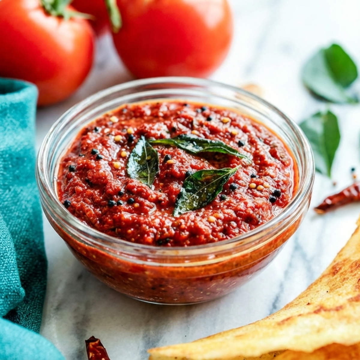 Side view of smooth tomato chutney garnished with tempering, served alongside crisp dosa.