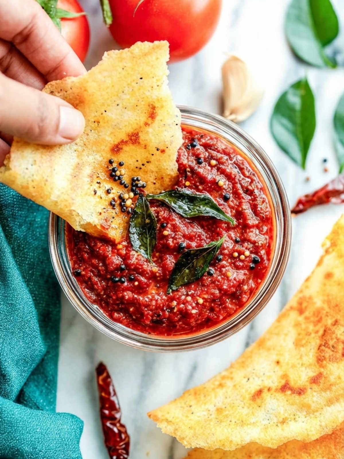 A hand dipping crispy dosa into a bowl of hot and tangy tomato chutney with mustard seeds and curry leaves.