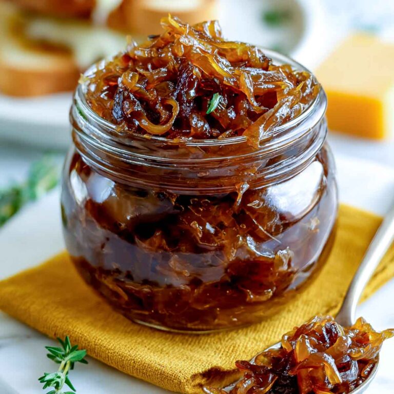 Close-up of a jar filled with caramelized onion relish on a yellow cloth with a spoon beside it.