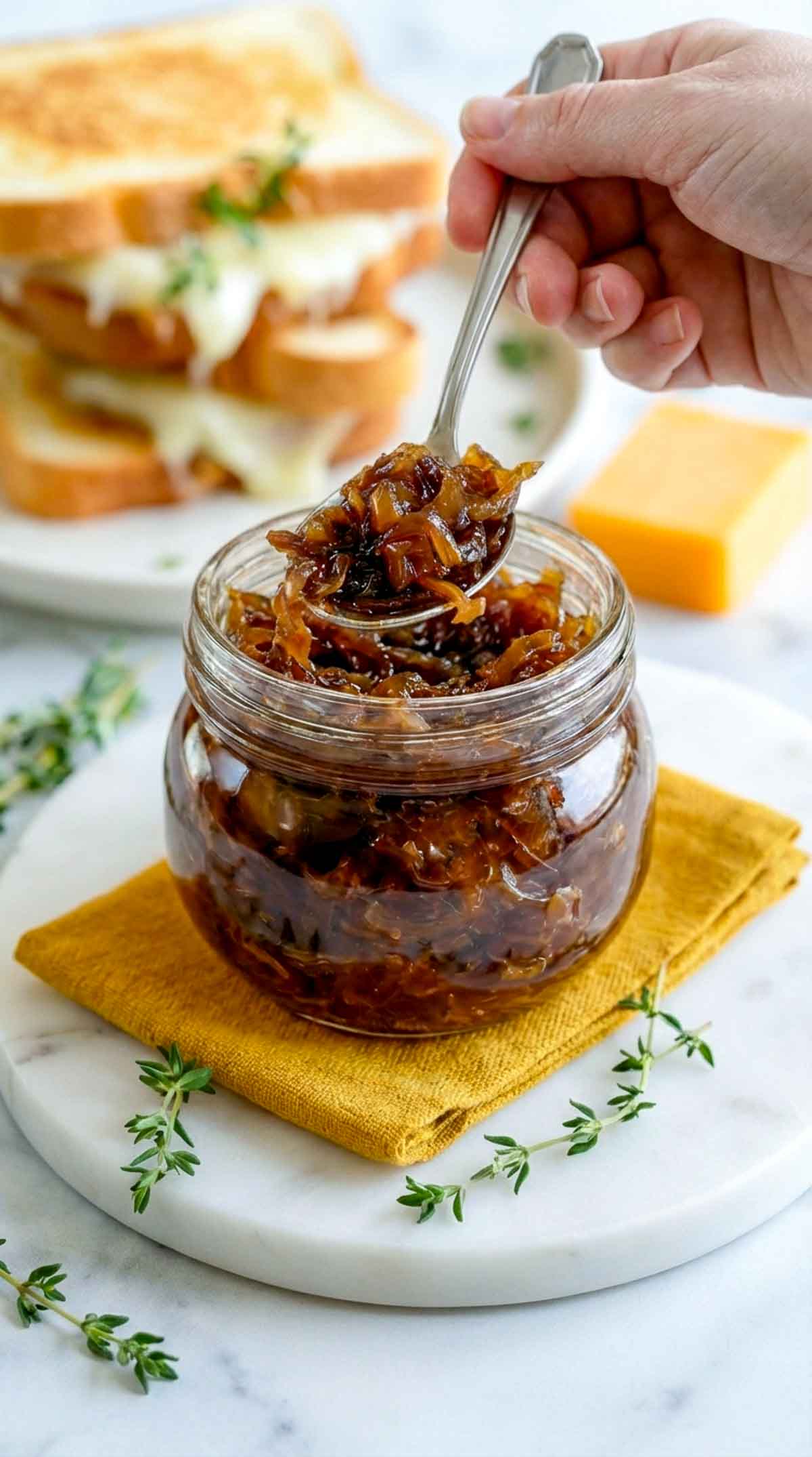 Hand scooping caramelized onion relish from a jar with grilled cheese sandwiches in the background.