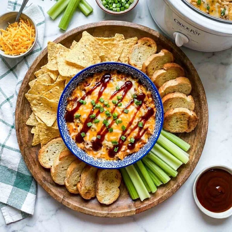 Crockpot BBQ chicken dip with cheese and BBQ sauce, topped with green onions, surrounded by tortilla chips, toasted bread, celery, and shredded cheese, with a bowl of BBQ sauce on the side.