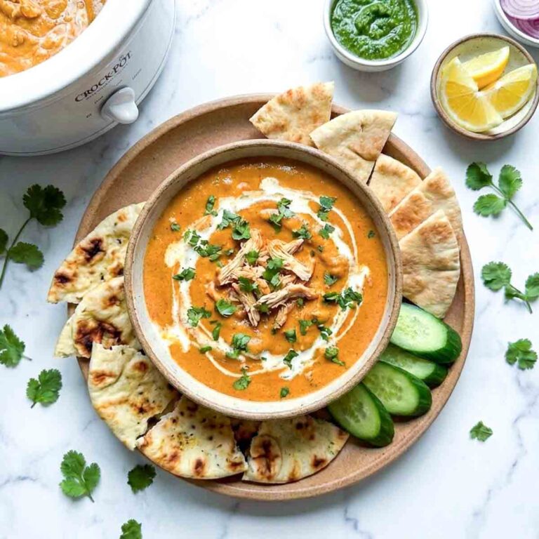 Crockpot butter chicken dip with cilantro and cream, topped with shredded chicken, served with naan bread, cucumber slices, green chutney, sliced onions, and lemon wedges.