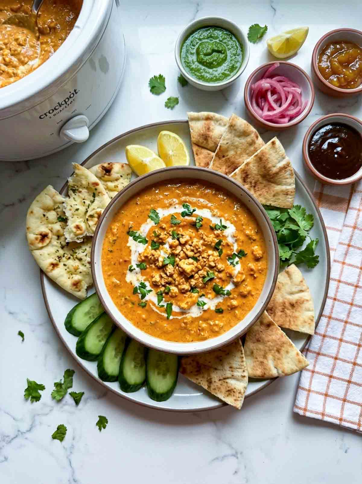 Crockpot butter paneer dip garnished with cilantro and crumbled paneer, served with naan bread, cucumber slices, lemon wedges, green chutney, pickled onions, and mango chutney.