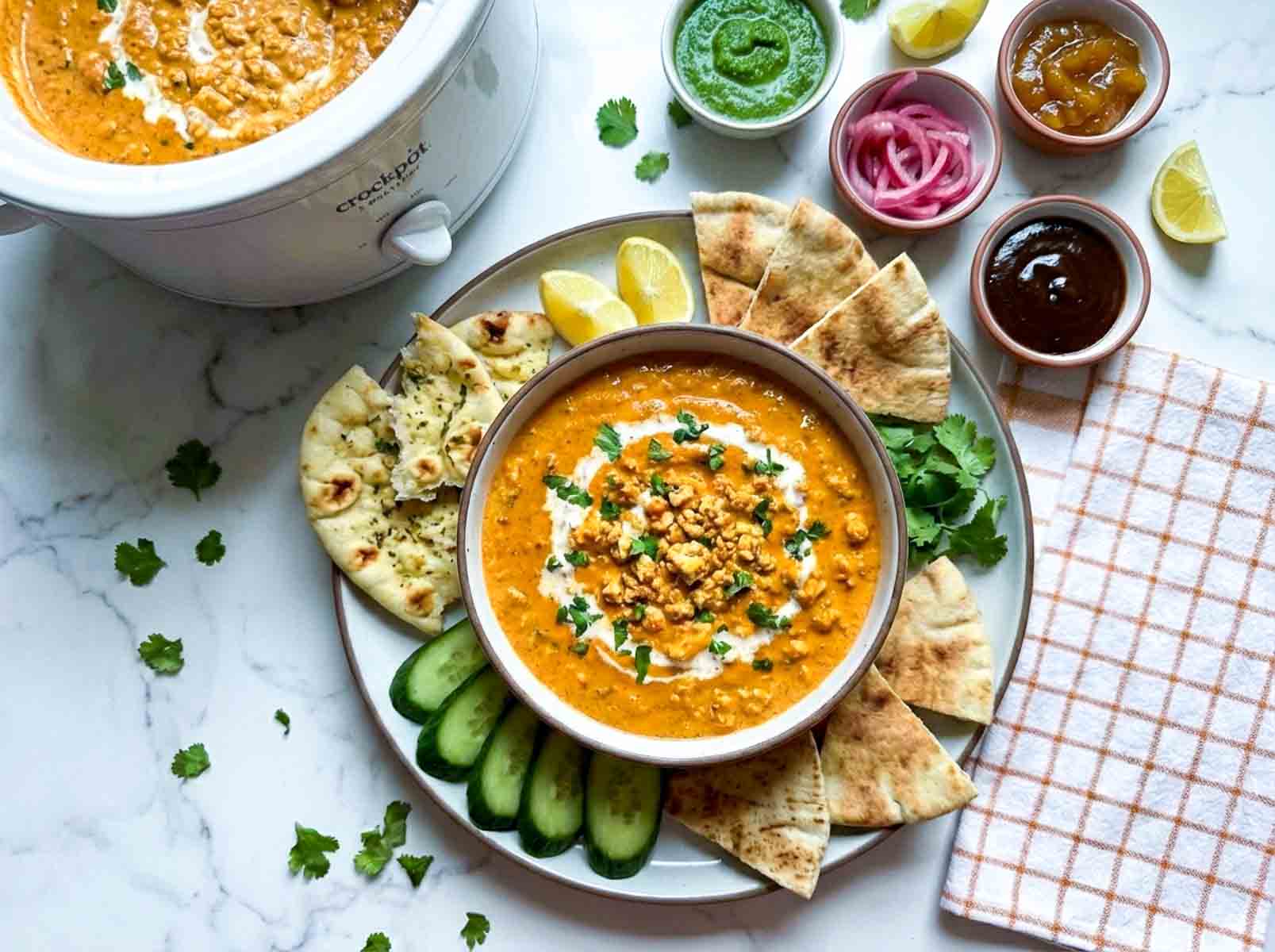 Crockpot butter paneer dip topped with crumbled paneer and cilantro, served with naan bread, cucumber slices, green chutney, pickled onions, mango chutney, and lemon wedges.