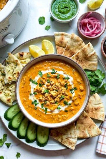 Crockpot butter paneer dip topped with crumbled paneer and cilantro, served with naan bread, cucumber slices, green chutney, pickled onions, mango chutney, and lemon wedges.