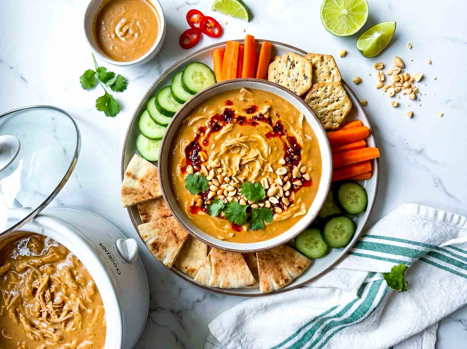 Peanut chicken dip served with pita bread, cucumber, carrots, crackers, and peanuts on top.