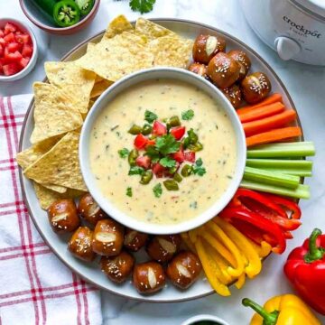 Plate of crockpot queso dip garnished with cilantro, tomatoes, and jalapeños, surrounded by tortilla chips, pretzel bites, and fresh veggies like carrots, celery, and bell peppers.