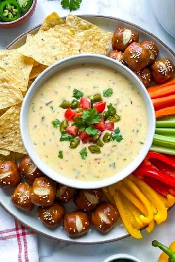 Plate of crockpot queso dip garnished with cilantro, tomatoes, and jalapeños, surrounded by tortilla chips, pretzel bites, and fresh veggies like carrots, celery, and bell peppers.