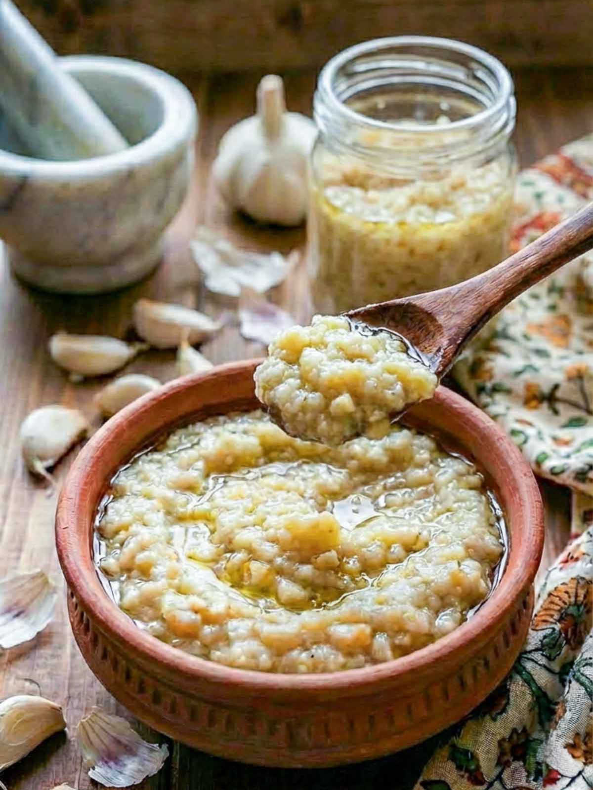 Wooden spoon lifting garlic paste from a bowl, with fresh garlic cloves and a jar of paste on a wooden table.