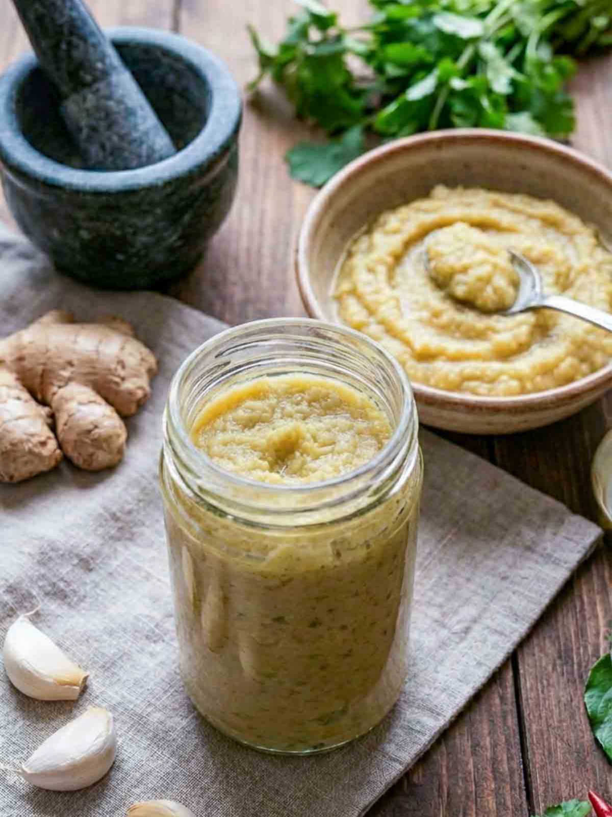 Ginger garlic paste in a jar with a bowl and morter pestle in the background.