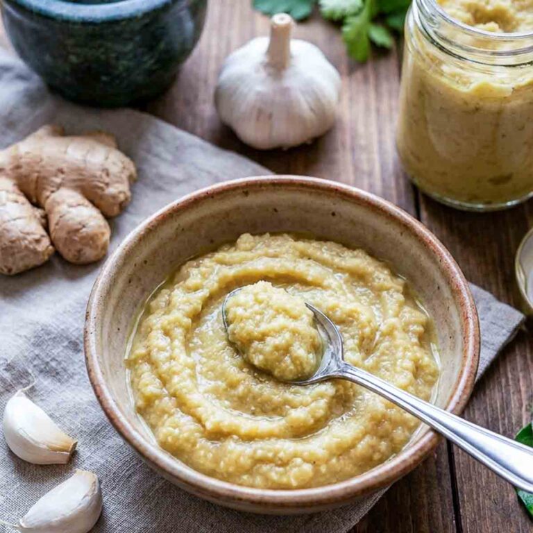A bowl of fresh ginger garlic paste with a spoon inside.