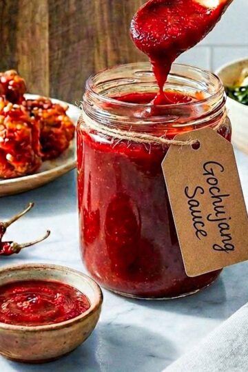 Hand holding spoon dripping gochujang sauce over a jar labeled “Gochujang Sauce.”