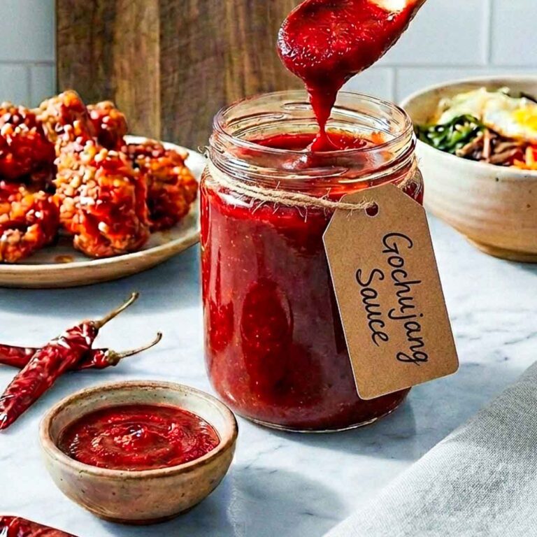 Hand holding spoon dripping gochujang sauce over a jar labeled “Gochujang Sauce.”