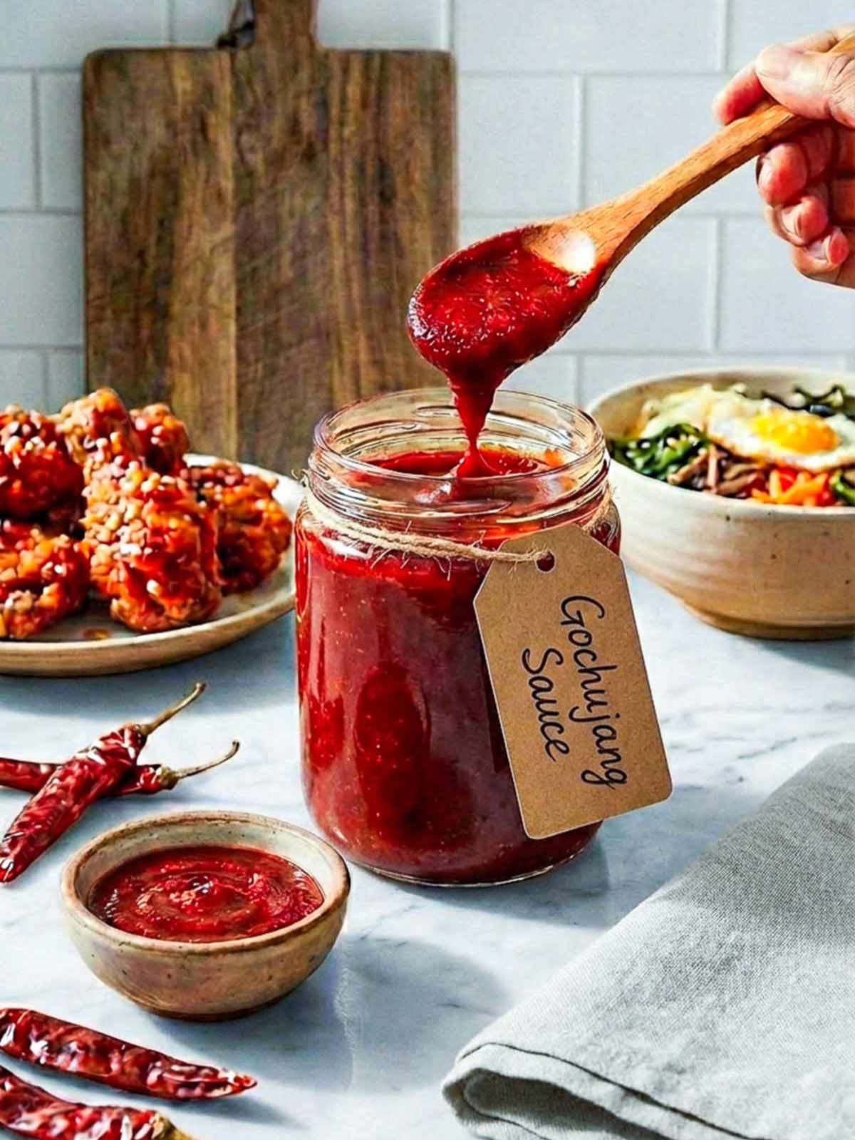Hand holding spoon dripping gochujang sauce over a jar placed on a kitchen counter.