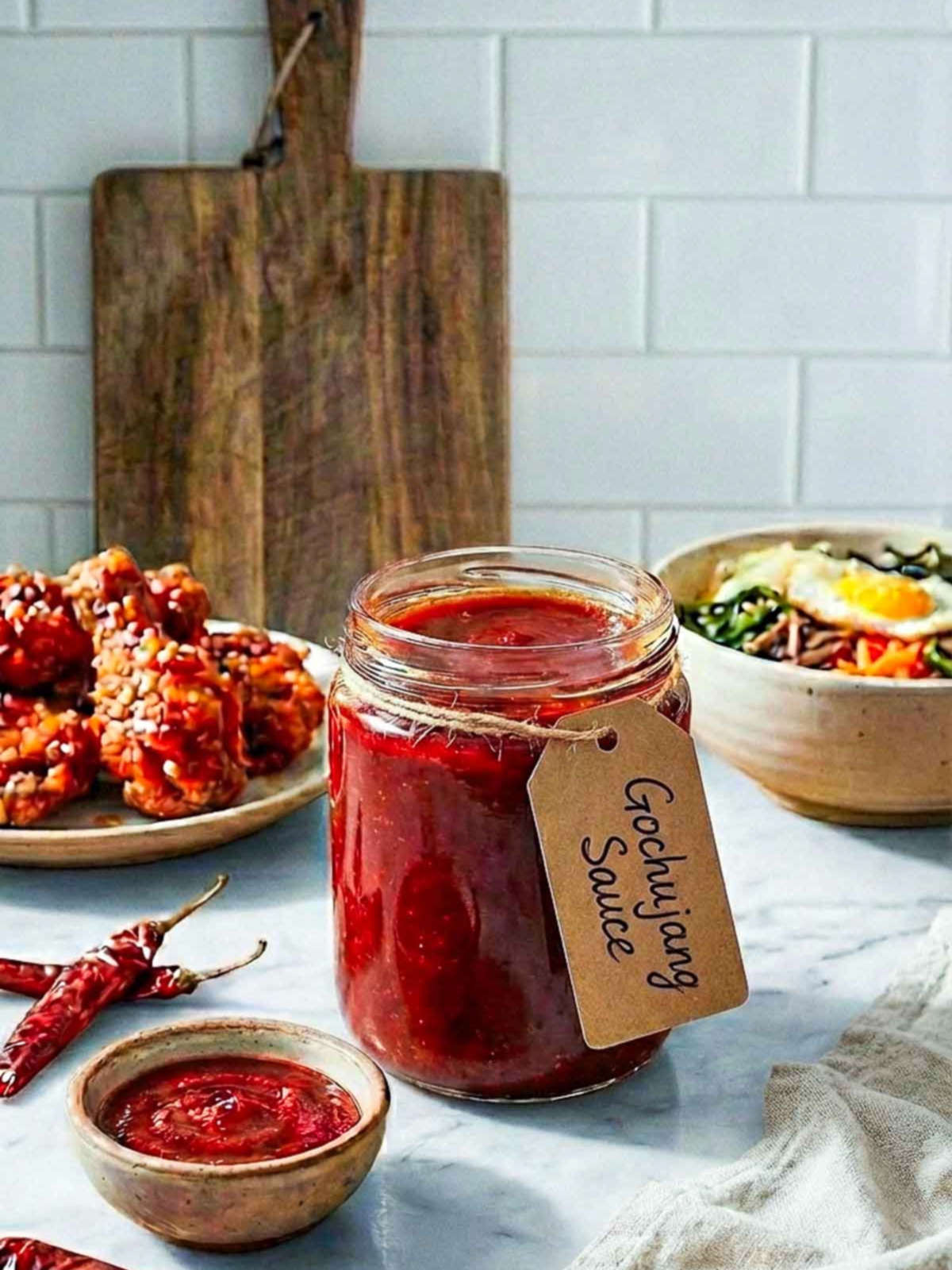 Jar of gochujang sauce with dried chilies and Korean dishes in the background.