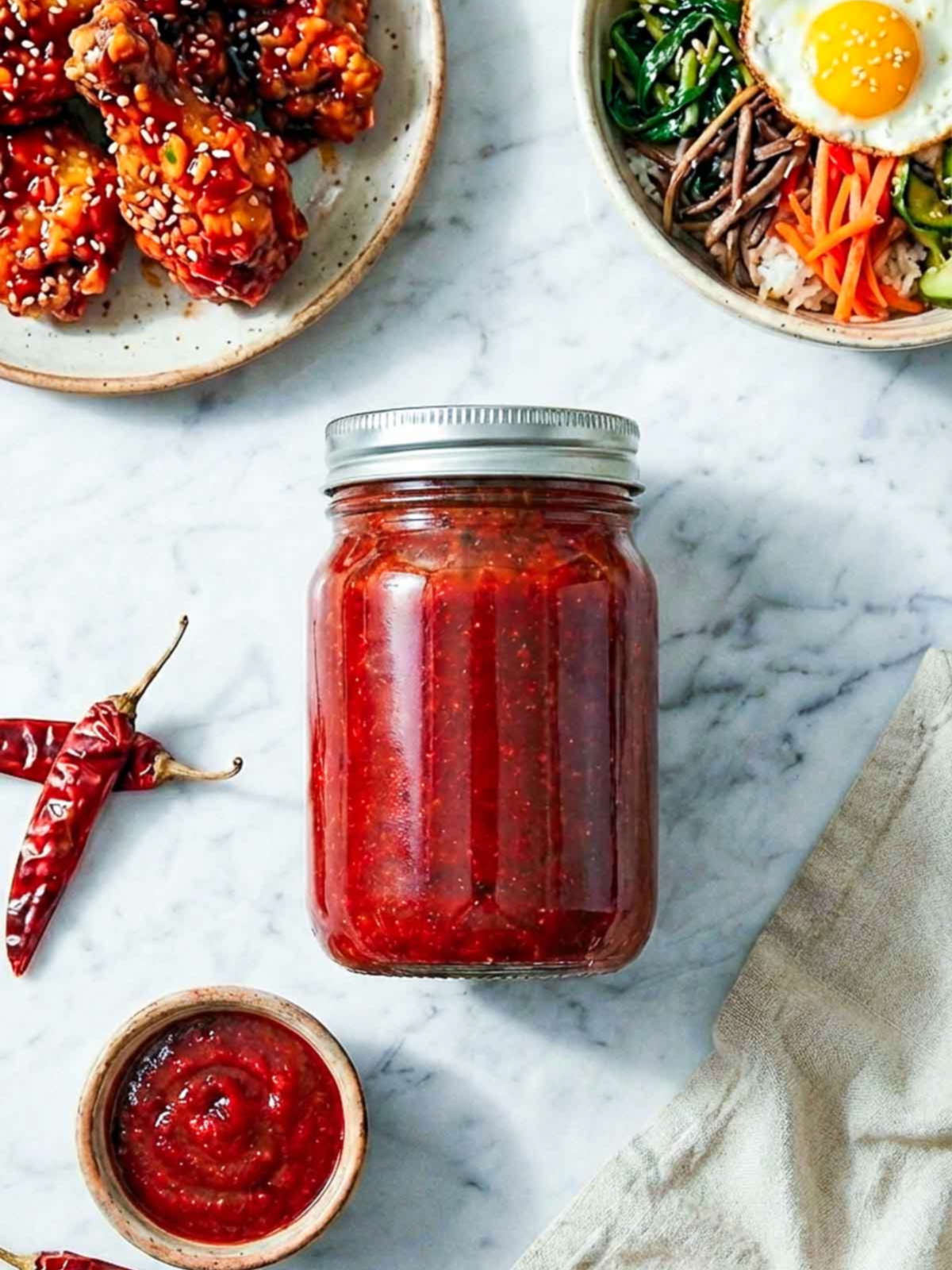 A sealed jar of gochujang sauce placed on a marble surface.