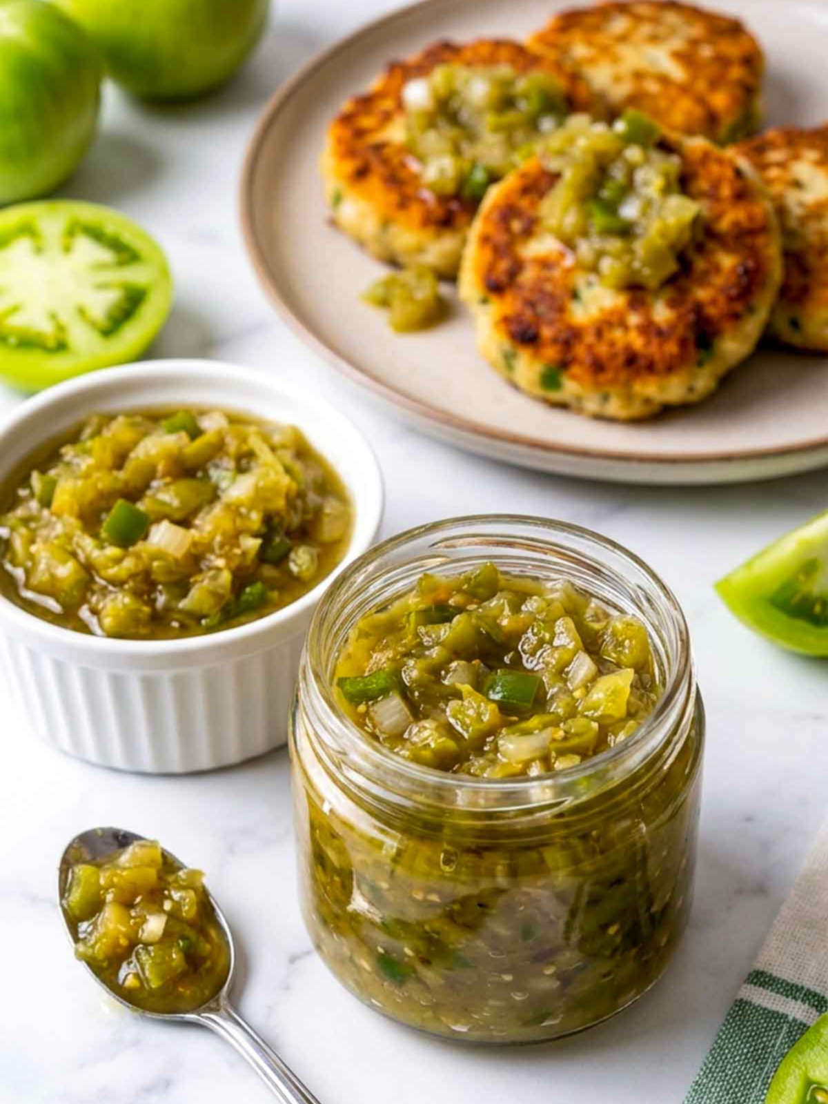 Jar of green tomato relish with spoon, served with crab cakes and sliced green tomatoes.