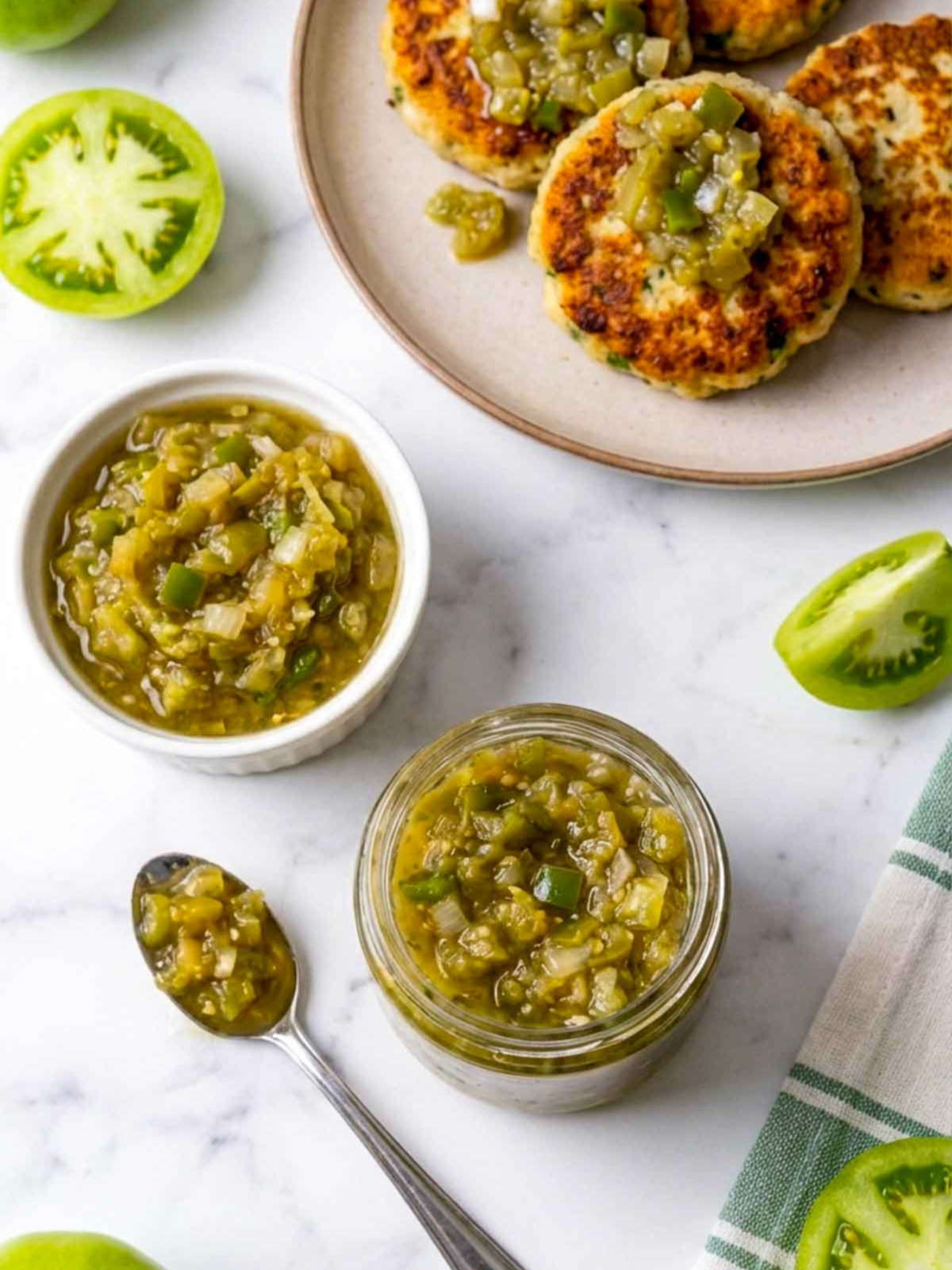 Jar and bowl of green tomato relish with spoon, served alongside crab cakes.