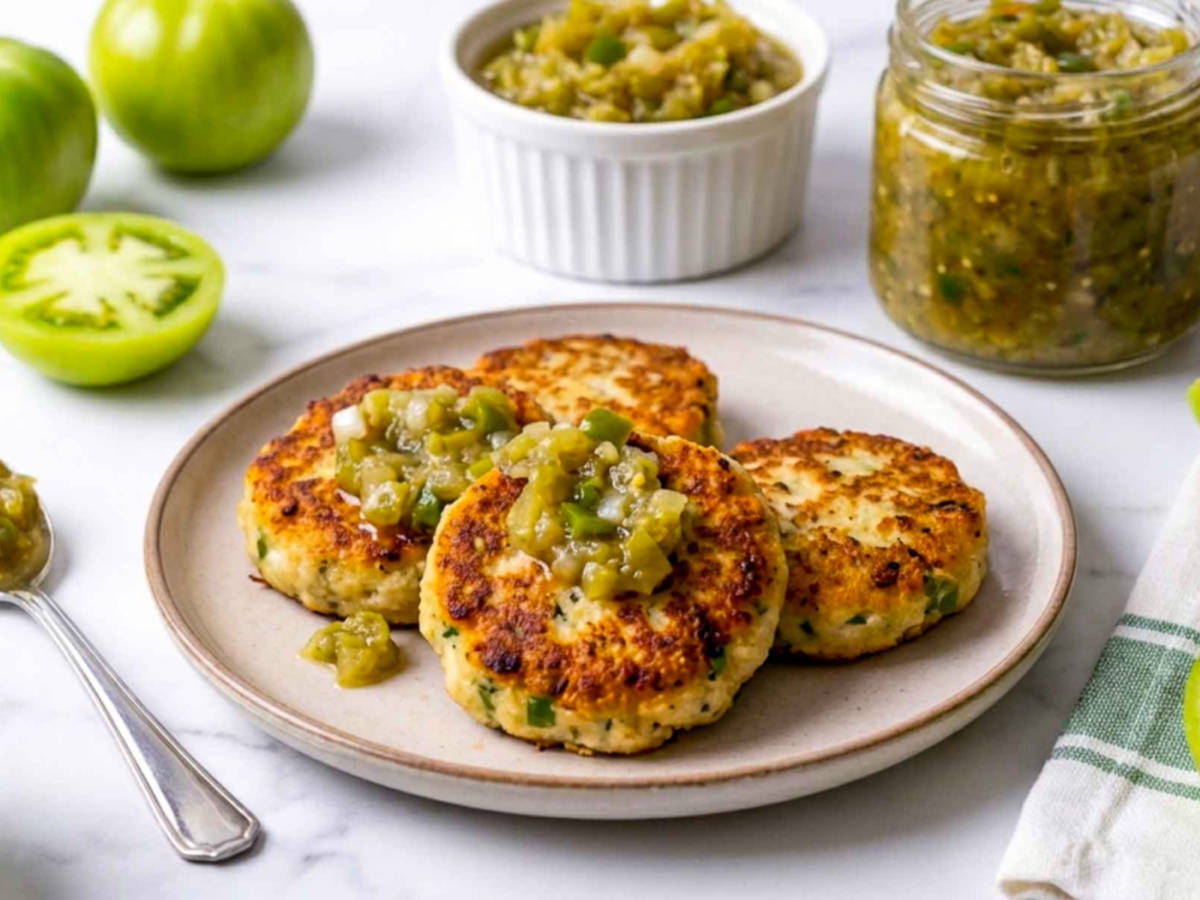 Crab cakes topped with green tomato relish, with jar and bowl of relish in the background.