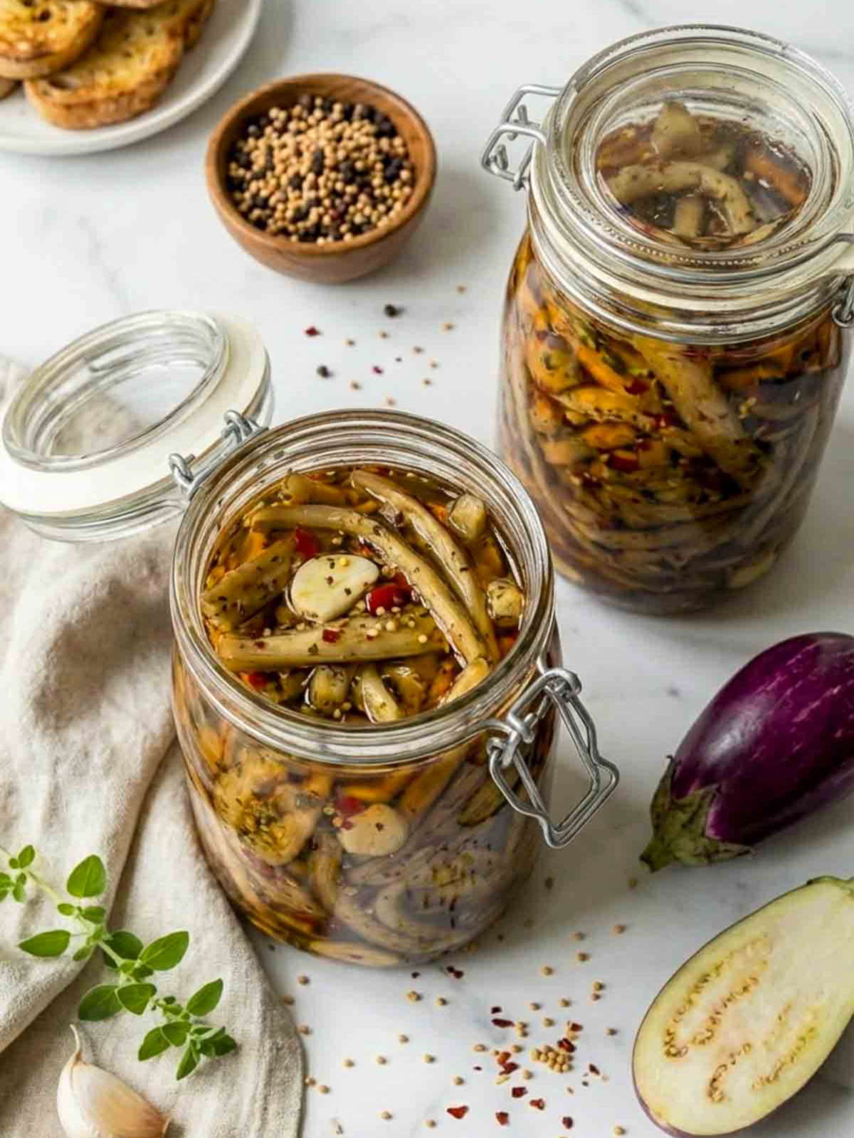Two jars of pickled eggplant slices in oil with garlic, chili flakes, and herbs, arranged with fresh eggplant, spices, and bread on a light surface.