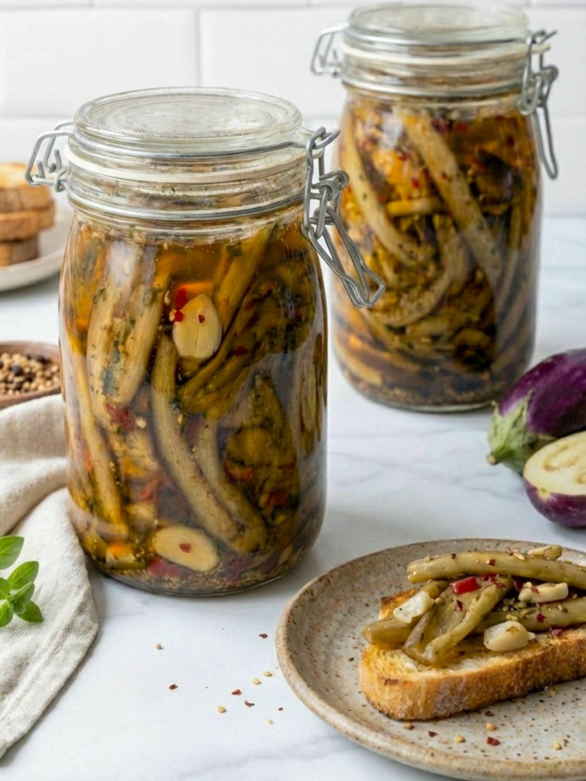 Two jars of pickled eggplant in oil with garlic and chili flakes, served with a slice of toasted bread topped with eggplant on a plate.