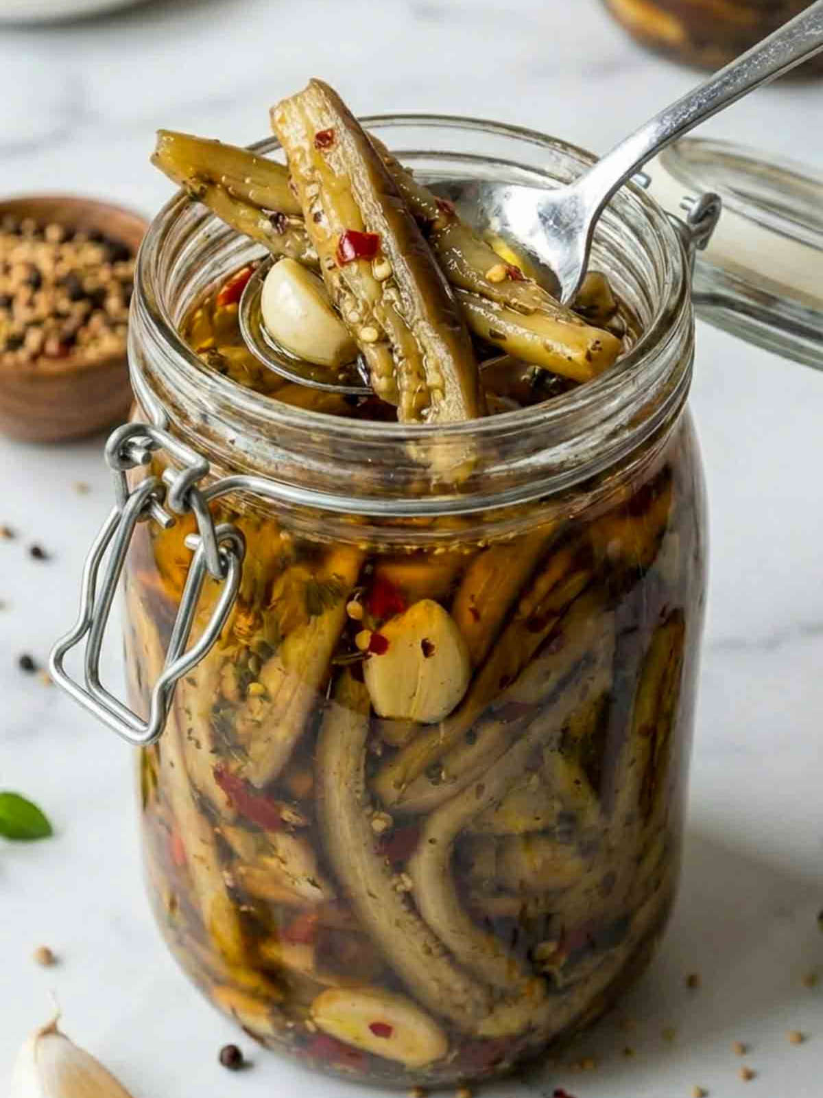 Pickled eggplant spooned from the jar to show texture.