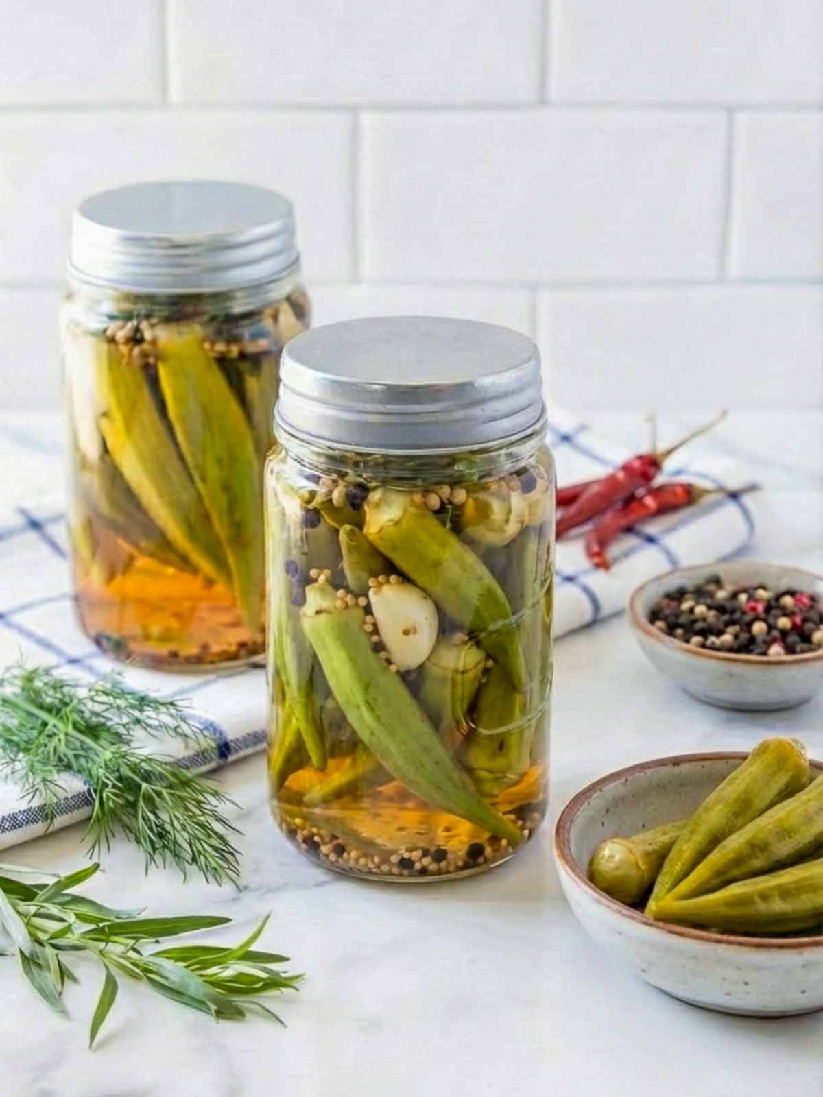 Two jars of pickled okra placed on a white marble surface.
