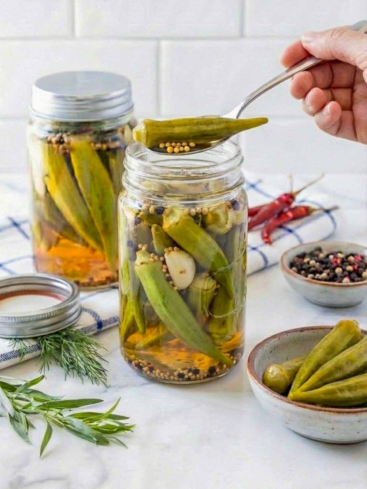 A woman's hand holding pickled okra using a spoon over the jar.