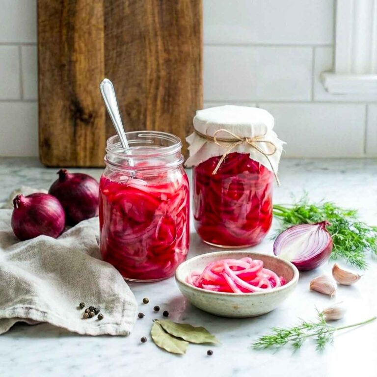 Jars of pickled red onions with fresh onions, garlic, dill, and spices on a kitchen counter.