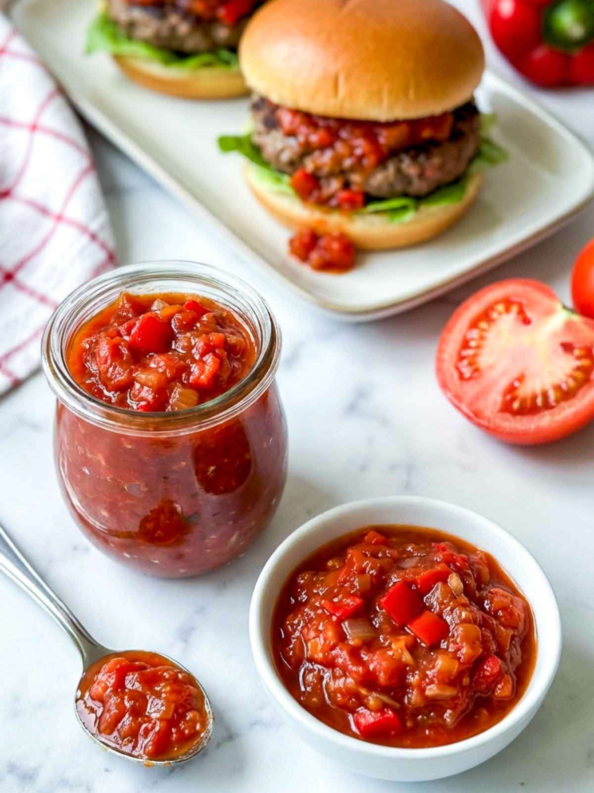 Jar and bowl of red hamburger relish with diced peppers and onions, served with burgers in the background.