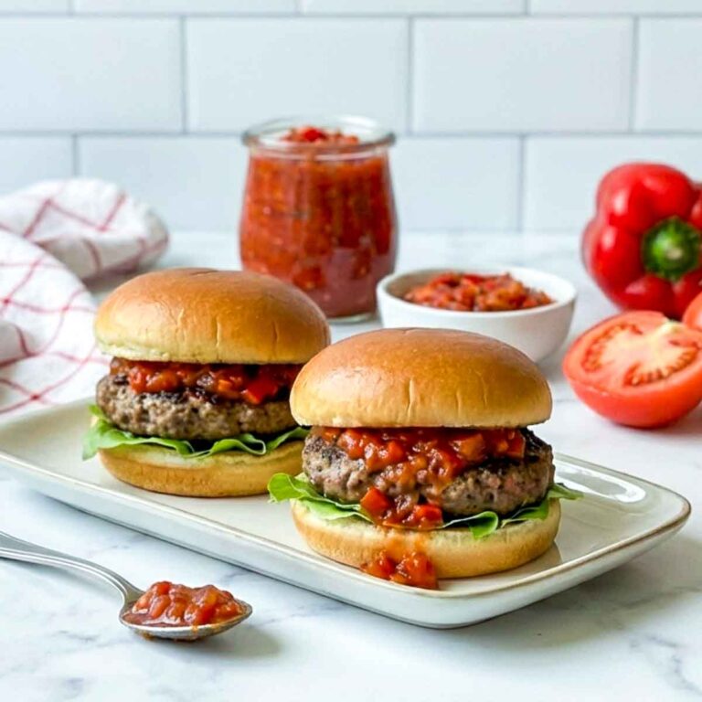 Two hamburgers topped with red pepper relish on a plate, with a jar of relish and fresh tomatoes in the background.