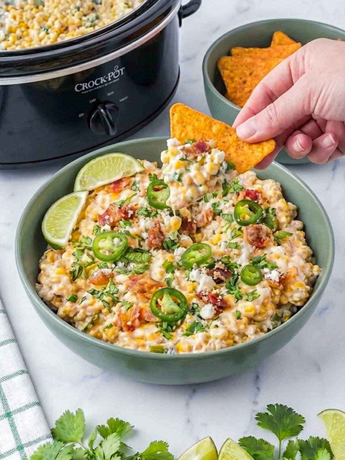 Hand dipping a tortilla chip into creamy roasted corn jalapeño street corn dip topped with bacon, cheese, cilantro, and lime.