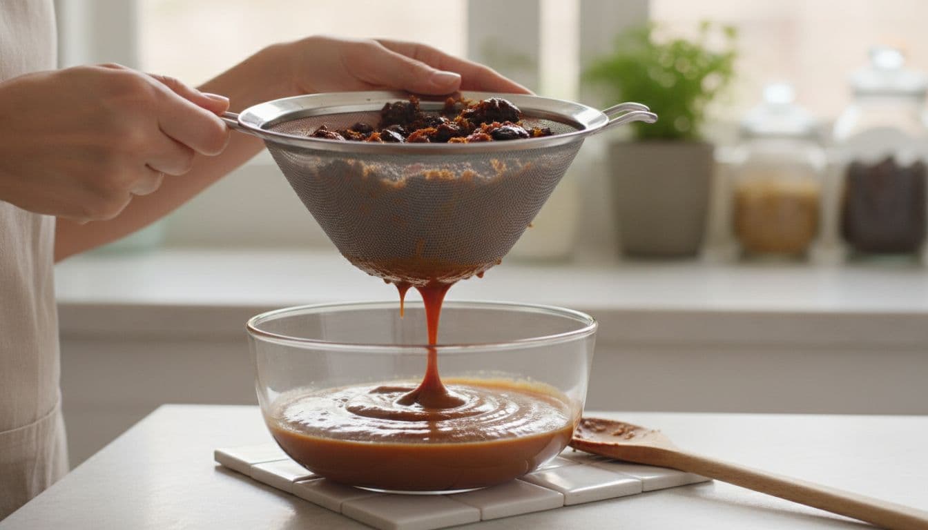 Woman straining tamarind pulp through a seive.