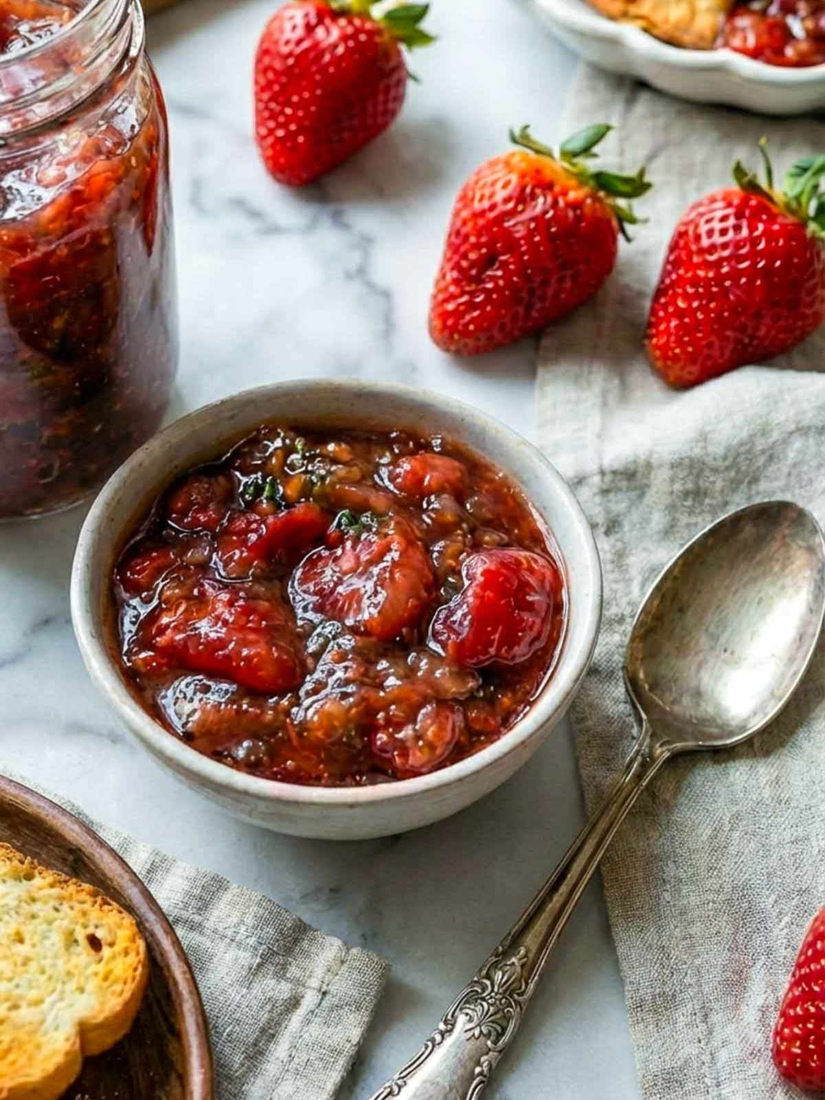 Bowl of strawberry chutney with a spoon, surrounded by fresh strawberries and toasted bread.