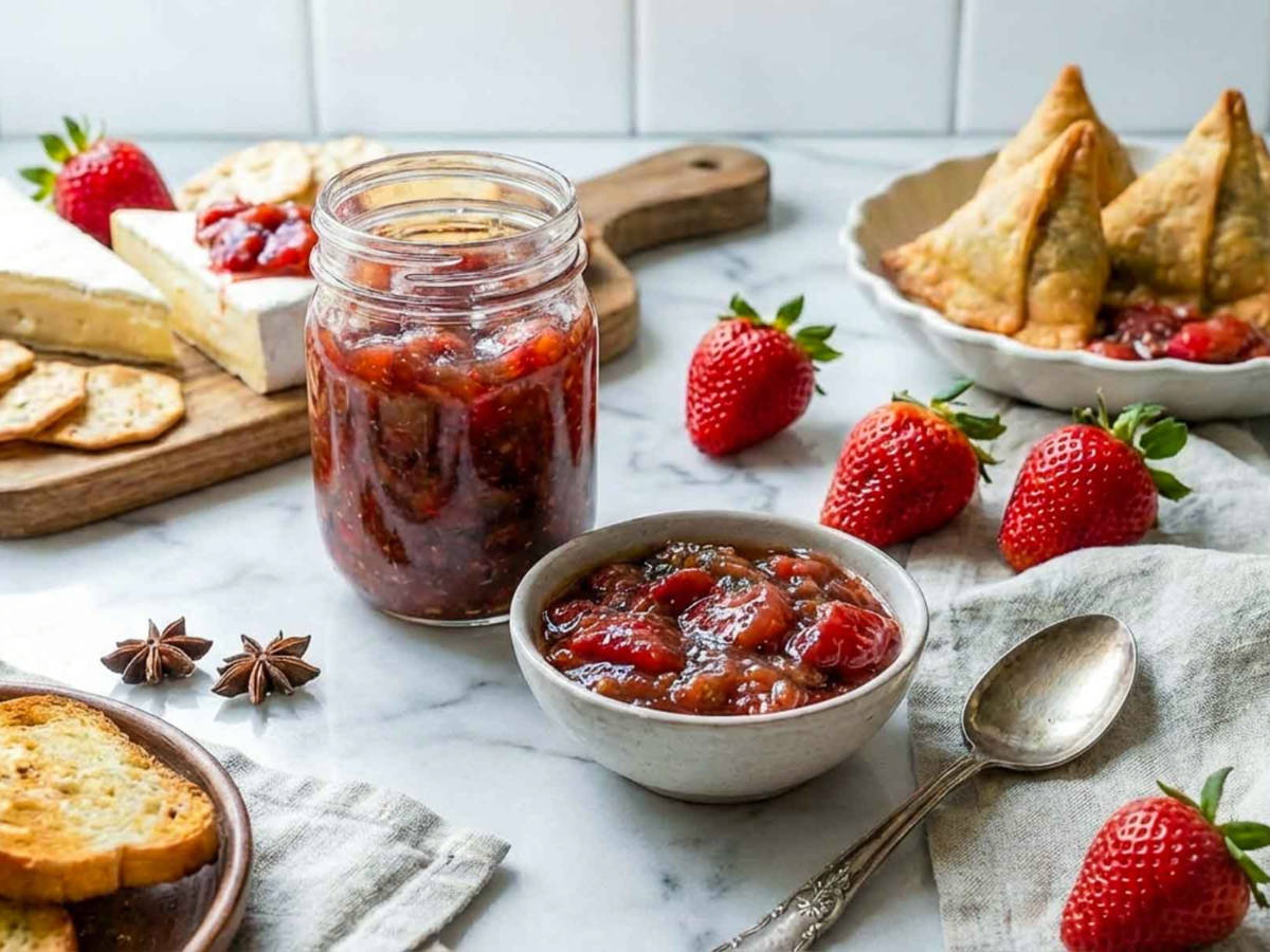 Jar and bowl of strawberry chutney with toast, cheese, samosas, and fresh strawberries in the background.