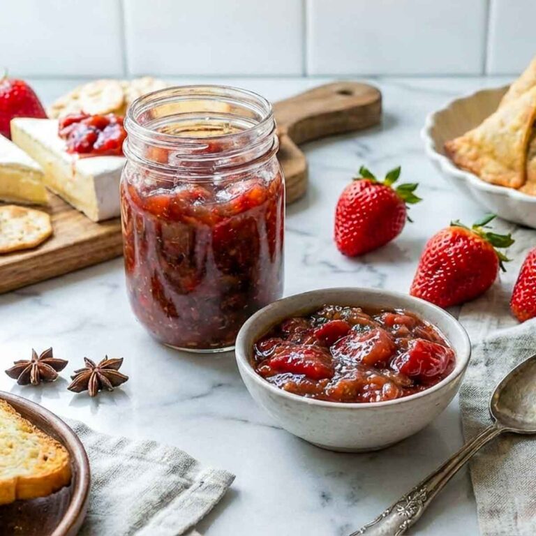 Jar and bowl of strawberry chutney with toast, samosas, fresh strawberries, and star anise in the background.