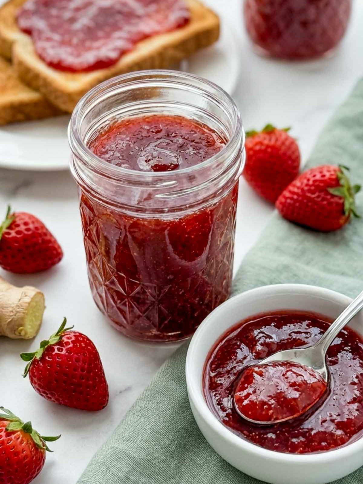 Jar of strawberry jam with a spoonful in a bowl, surrounded by fresh strawberries.