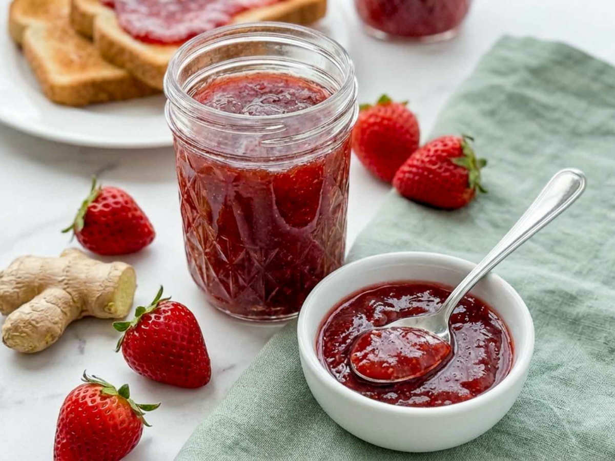 Jar of strawberry jam with a spoonful in a bowl, surrounded by fresh strawberries and ginger.